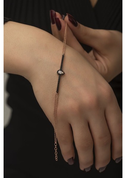 925 Ayar Rose Kaplamalı Siyah Taşlı Ortası Damla Taşlı Gümüş Bileklik fiyatları