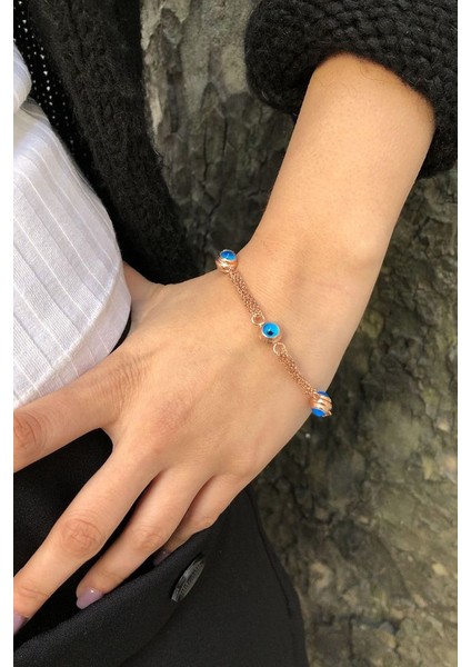 925 Ayar Rose Kaplamalı Nazar Gözlü Gümüş Bileklik