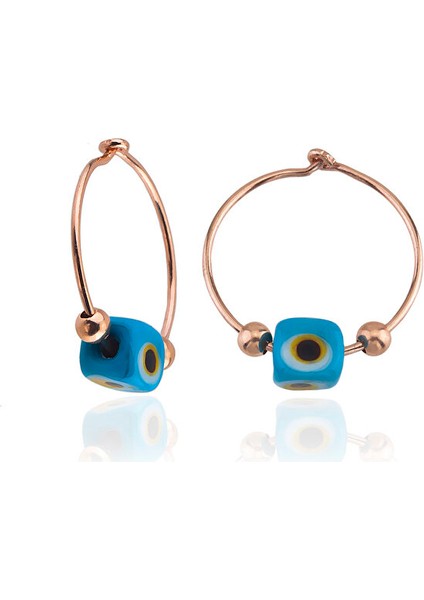 925 Ayar Rose Kaplamalı Toplu Mavi Mineli Nazar Gözlü Halka Gümüş Küpe