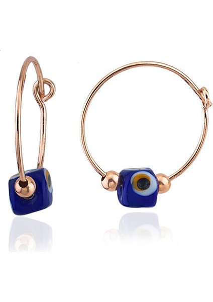 925 Ayar Rose Kaplamalı Toplu Mavi Mineli Nazar Gözlü Halka Gümüş Küpe modelleri