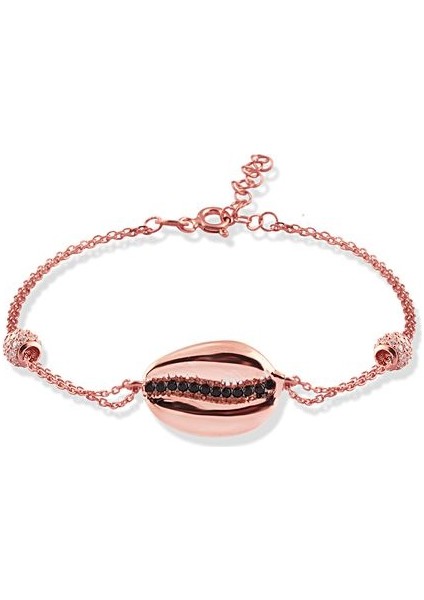 925 Ayar Rose Kaplama Siyah ve Beyaz Zirkon Taşlı Deniz Kabuğu Gümüş Bileklik