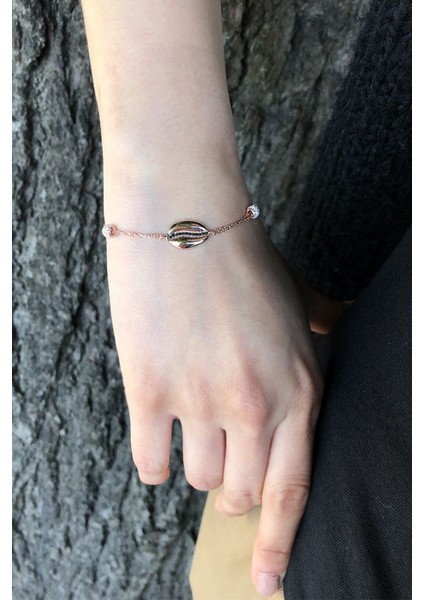 925 Ayar Rose Kaplama Siyah ve Beyaz Zirkon Taşlı Deniz Kabuğu Gümüş Bileklik fiyatları