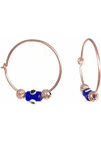 925 Ayar Rose Kaplamalı Dorika Taşlı Lacivert Mineli Nazar Gözlü Halka Gümüş Küpe