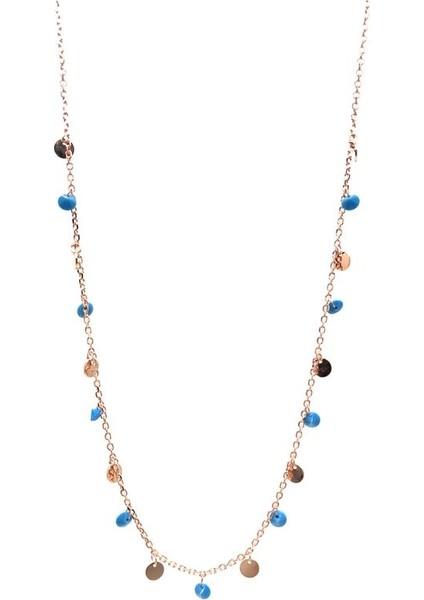 925 Ayar Rose Kaplamalı Turkuaz Taşlı Yuvarlak Pullu Gümüş Kolye