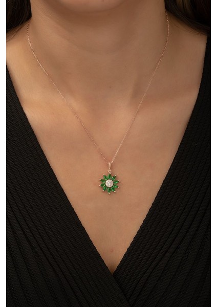 925 Ayar Rose Kaplamalı Yeşil Taşlı Papatya Çiçek Gümüş Kolye fiyatları