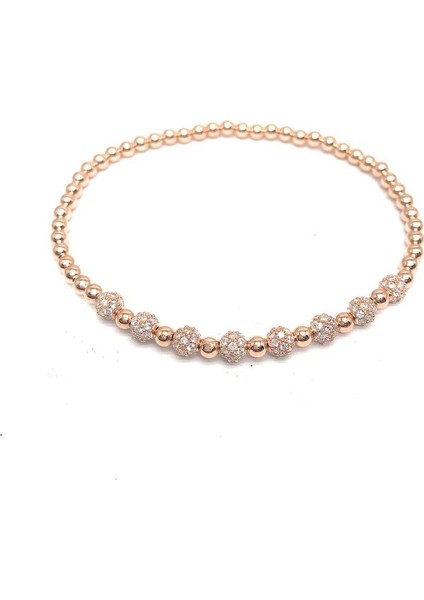 925 Ayar Rose Kaplamalı Siyah Zirkon Taşlı ve Top Taşlı Italyan Lastikli Gümüş Bileklik