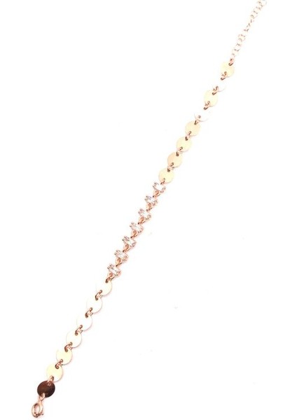 925 Ayar Rose Kaplamalı Beyaz Baget Taşlı ve Pullu Tasarım Gümüş Bileklik