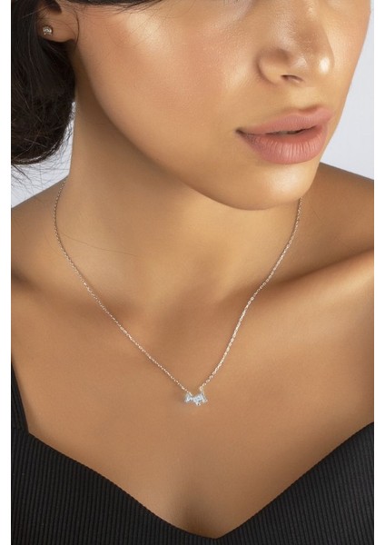 925 Ayar Swarovski Taşlı Köpek Sembolü Rodyum Kaplamalı Gümüş Kolye