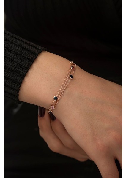 925 Ayar Turkuaz Taşlı Rose Renk 3 Zincirli Gümüş Bileklik modelleri