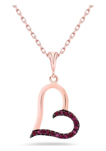 925 Ayar Rose Kaplamalı Ruby Taşlı Kalpli Gümüş Kolye