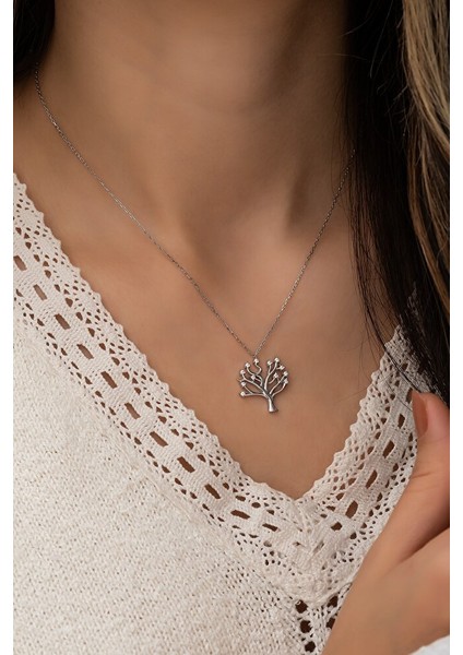 925 Ayar Swarovski Taşlı Yaşam Ağacı Rodyum Kaplamalı Gümüş Kolye