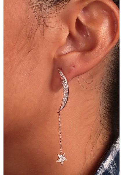 925 Ayar Gümüş Ay Yıldız Taşlı Küpe