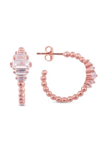 925 Ayar Rose Kaplamalı Beyaz Baget Taşlı 2 cm Top Halka Gümüş Küpe