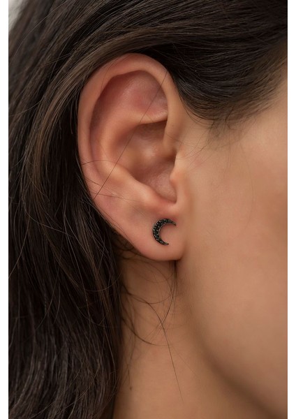 Siyah Zirkon Taşlı Ay Gümüş Küpe