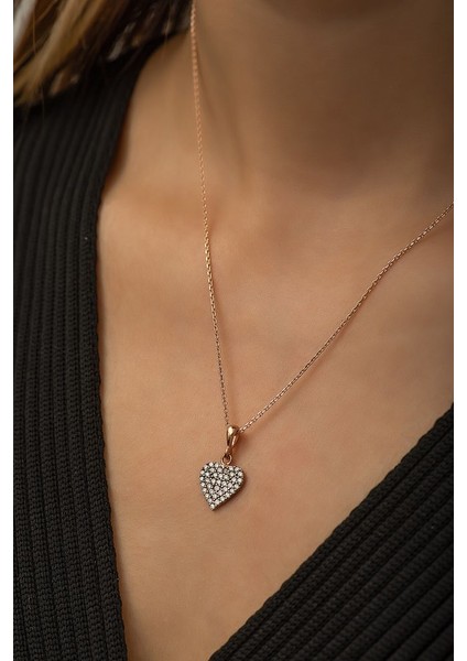 925 Ayar Rose Kaplamalı Beyaz Taşlı Minimal Kalp Gümüş Kolye