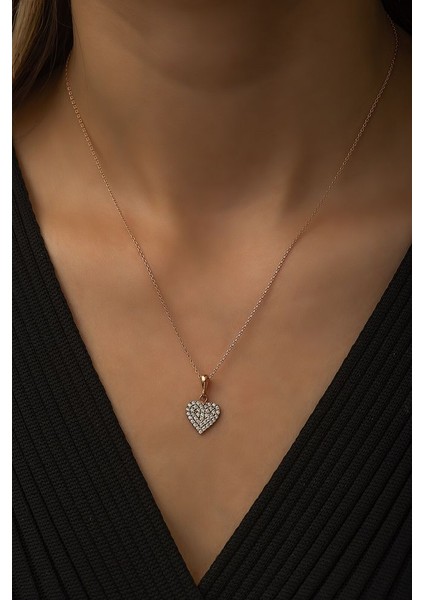 925 Ayar Rose Kaplamalı Beyaz Taşlı Minimal Kalp Gümüş Kolye modelleri