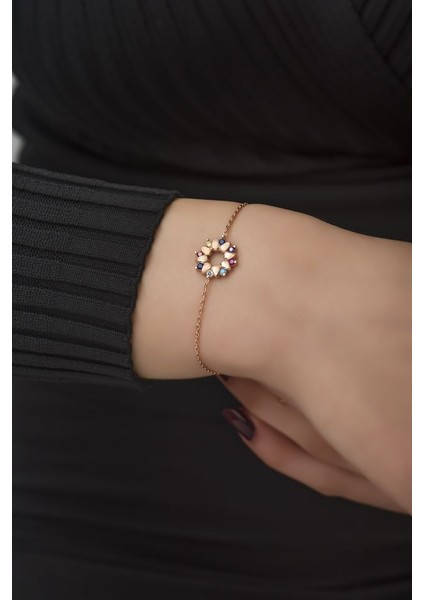 925 Ayar Rose Kaplamalı Multicolour Taşlı Çiçek Gümüş Bileklik