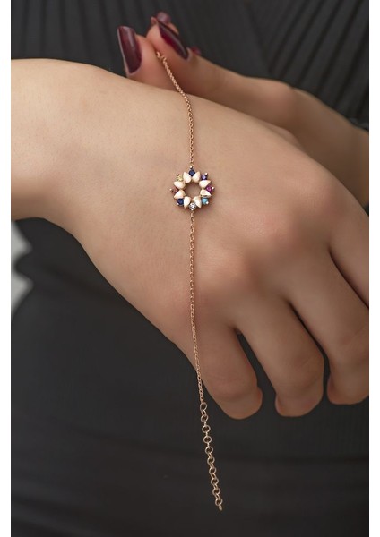 925 Ayar Rose Kaplamalı Multicolour Taşlı Çiçek Gümüş Bileklik fiyatları