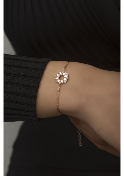 925 Ayar Rose Kaplamalı Multicolour Taşlı Çiçek Gümüş Bileklik modelleri