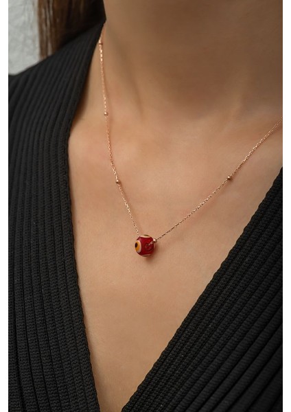 925 Ayar Rose Kaplamalı Kırmızı Mineli Nazar Gözlü Top Zincirli Gümüş Kolye