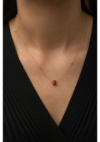 925 Ayar Rose Kaplamalı Kırmızı Mineli Nazar Gözlü Top Zincirli Gümüş Kolye fiyatları