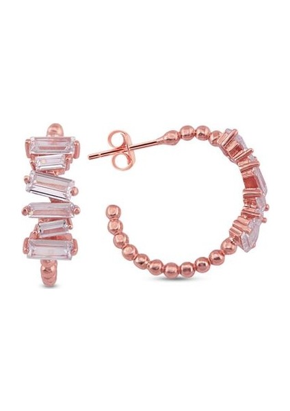 925 Ayar Rose Kaplamalı Beyaz Baget Taşlı 2 cm Top Halka Gümüş Küpe