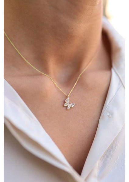 925 Ayar Gold Kaplamalı Beyaz Taşlı Minimal Tasarım Kelebek Gümüş Kolye