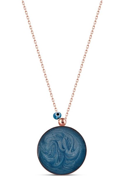 925 Ayar Rose Kaplamalı Mavi Mineli Nazar Boncuklu Yuvarlak Gümüş Kolye