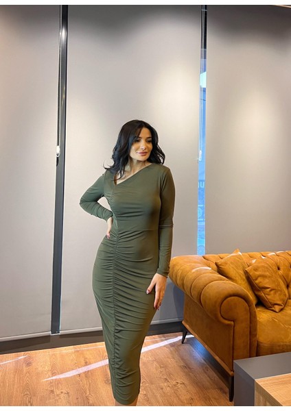 Haki Büzgülü Asimetrik Yaka Midi Örme Elbise
