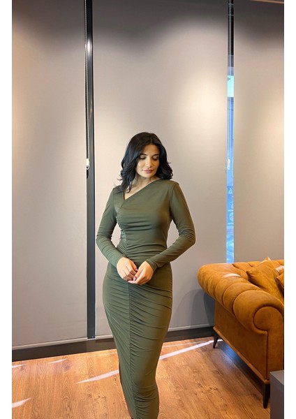Haki Büzgülü Asimetrik Yaka Midi Örme Elbise
