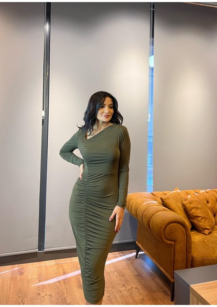 Haki Büzgülü Asimetrik Yaka Midi Örme Elbise