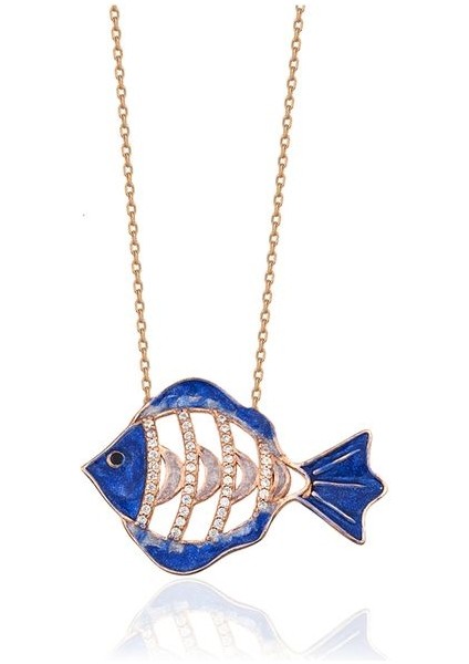 925 Ayar Rose Kaplamalı Beyaz Taşlı Laci Mineli Balık Kılçığı Gümüş Kolye