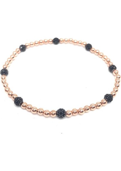 925 Ayar Rose Kaplamalı Siyah Zirkon Taşlı ve Top Taşlı Italyan Lastikli Gümüş Bileklik