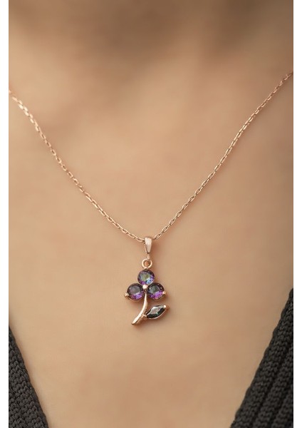 925 Ayar Rose Kaplamalı Beyaz Taşlı Çiçek Gümüş Kolye fırsatları