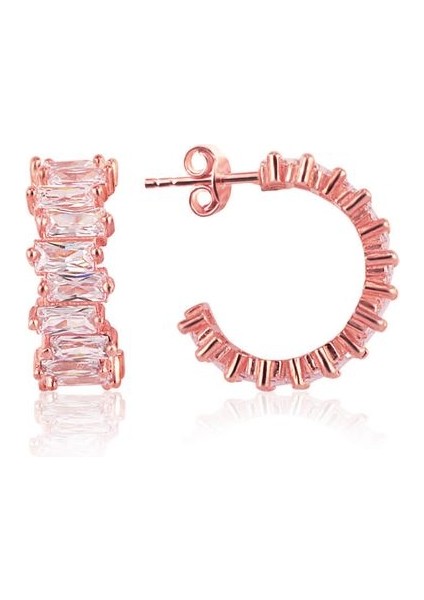 925 Ayar Rose Kaplamalı Beyaz Baget Taşlı Halka Gümüş Küpe