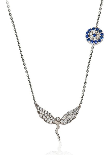 925 Ayar Rodyum Kaplamalı Nazarlı Kanatlı Melek Gümüş Kolye