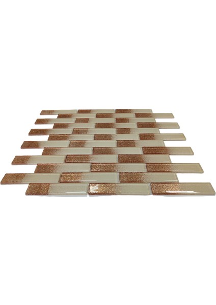Mutfak Tezgah Arası Kristal Cam Mozaik. Cam Ölçüsü: 23X98X4 Mm. File Karo Ölçüsü: 30X30 Cm. Renk: Krem-Bronz Efekti. ( 1 Koli = 11 Karo file = 1 m2 fiyatıdır ) indirimleri