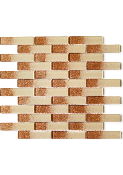 Mutfak Tezgah Arası Kristal Cam Mozaik. Cam Ölçüsü: 23X98X4 Mm. File Karo Ölçüsü: 30X30 Cm. Renk: Krem-Bronz Efekti. ( 1 Koli = 11 Karo file = 1 m2 fiyatıdır )