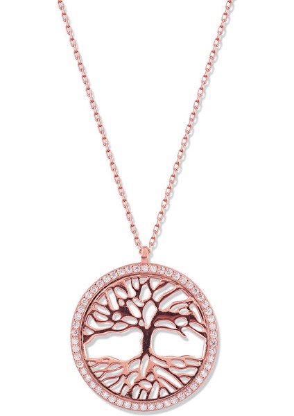 925 Ayar Rose Kaplamalı Beyaz Taşlı Yaşam Ağacı Gümüş Kolye