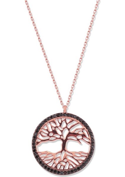 925 Ayar Rose Kaplamalı Beyaz Taşlı Yaşam Ağacı Gümüş Kolye fiyatları