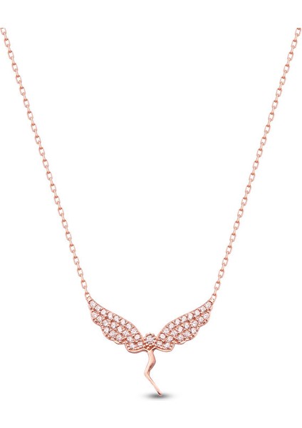 925 Ayar Rose Kaplamalı Beyaz Taşlı Kanatlı Peri Kızı Gümüş Kolye