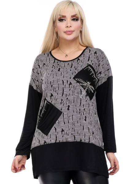Cepleri Yusufcuk Taş Işlemeli Çift Renk Uzun Kol Yandan Yırtmaçlı Rahat ve Dökümlü Esnek Tunik Bluz fiyatları