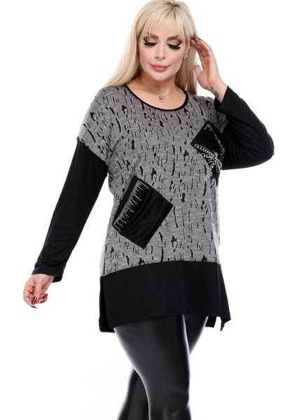 Cepleri Yusufcuk Taş Işlemeli Çift Renk Uzun Kol Yandan Yırtmaçlı Rahat ve Dökümlü Esnek Tunik Bluz modelleri