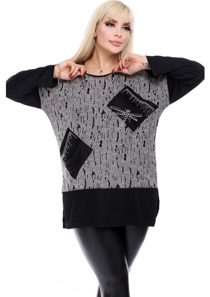 Cepleri Yusufcuk Taş Işlemeli Çift Renk Uzun Kol Yandan Yırtmaçlı Rahat ve Dökümlü Esnek Tunik Bluz fırsatları