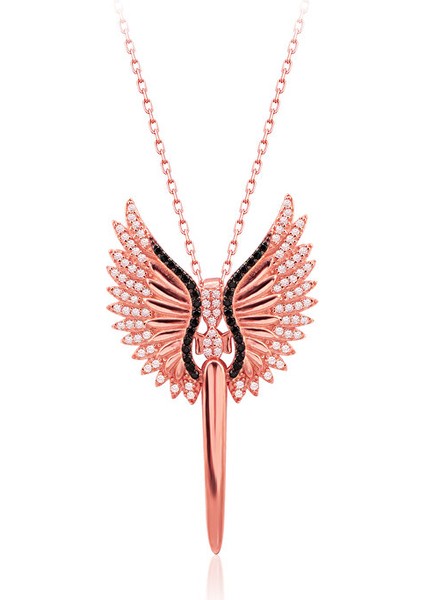 925 Ayar Rose Kaplamalı Siyah ve Beyaz Taşlı Kanatlı Kılıç Gümüş Kolye