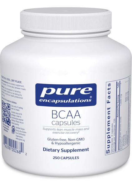 Pure Encapsulations Bcaa Amino Acid 250 Kapsül Branched Chain Amino Acids L-Leucine, L-Isoleucine L-Valine Hypoallergenic Non Gmo