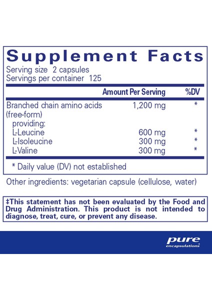 Pure Encapsulations Bcaa Amino Acid 250 Kapsül Branched Chain Amino Acids L-Leucine, L-Isoleucine L-Valine Hypoallergenic Non Gmo