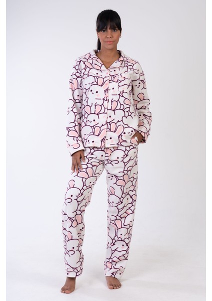 Kadın Polar Tamamı Düğmeli Uzun Kol Pijama Takım