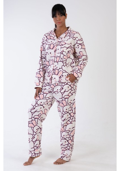 Kadın Polar Tamamı Düğmeli Uzun Kol Pijama Takım
