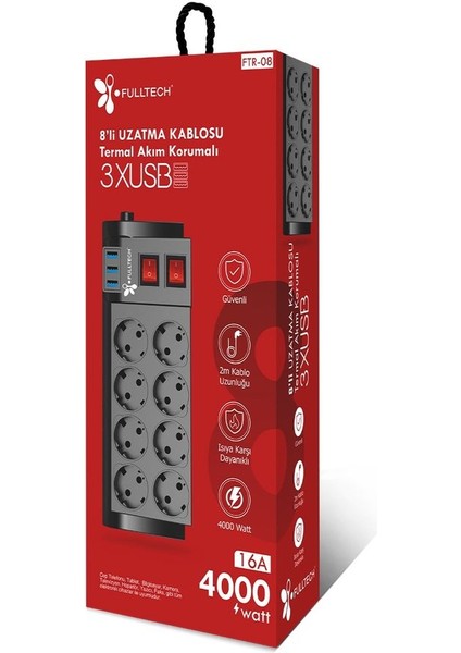 8 Priz 3xusb 16A 2mt Kablo 4000W Akım Korumalı Priz TGFTR08